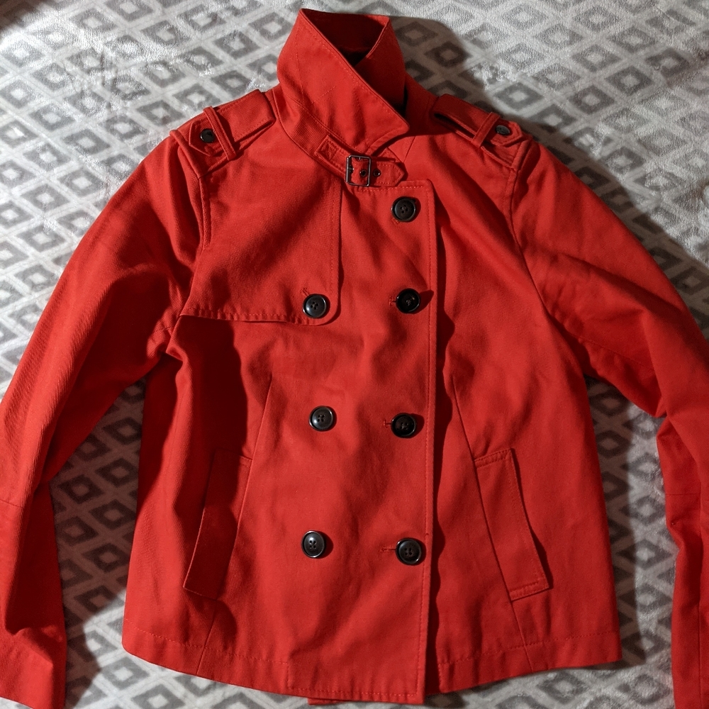 Gap Red Orange Cotton Peacoat size small with black buttons and buckle at neck - Picture 1 of 16